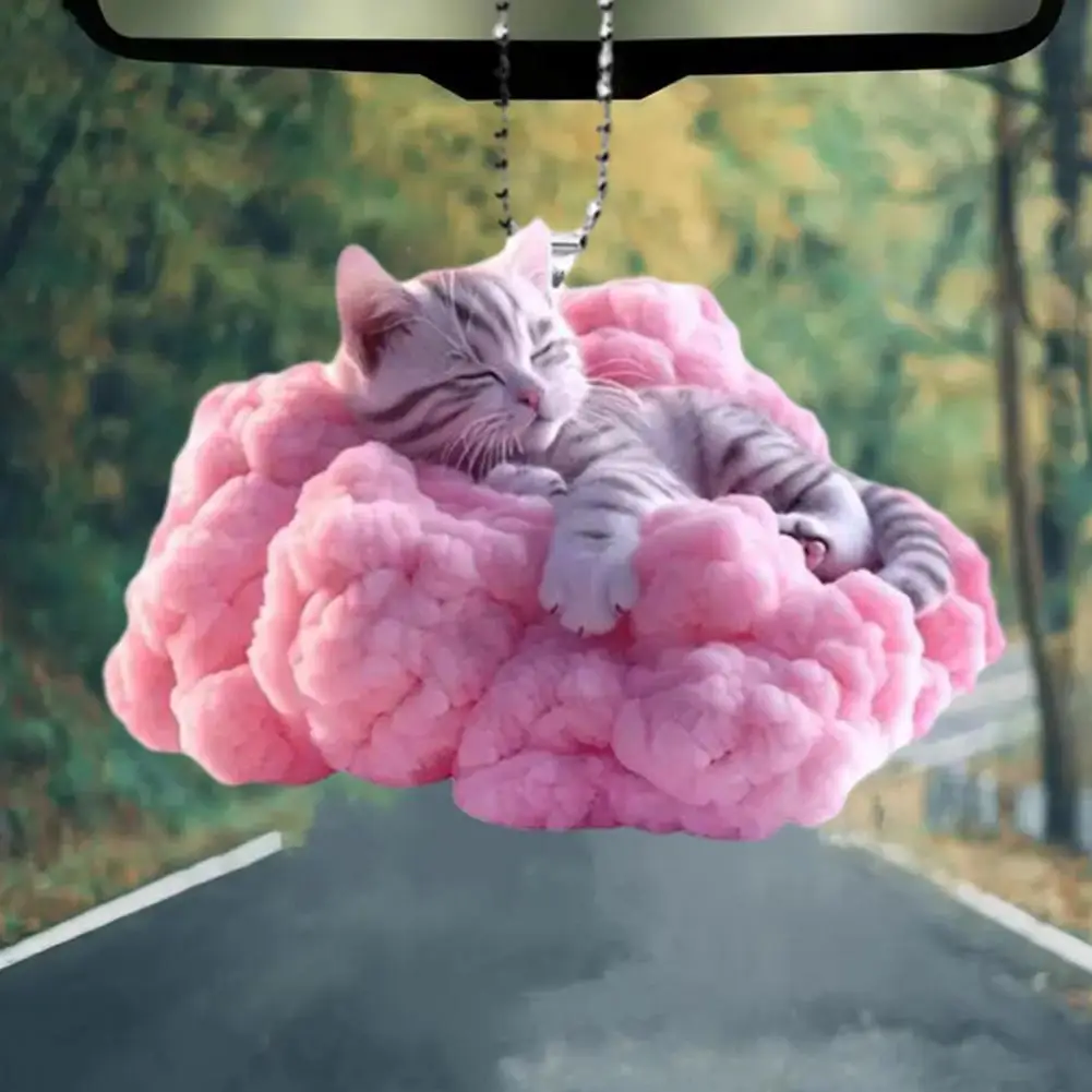 Cat RearView Mirror Pendant 2D Flat Acrylic Cat Car Decoration Pendant Lying On Pink Clouds Auto Interior Car Pendant Charm