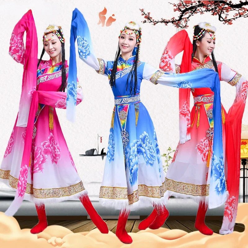 

Tradition Tibetan Folk Dance Costume Chinese Folk Dance Water Sleeve Mongolian Costume Female Classical National Dance Dress