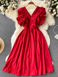 OCEANLOVE Ruffles Summer Dresses Women Solid V Neck A-line High Waist Korean Fashion Evening Dresses Elegant Vintage Robe Femme