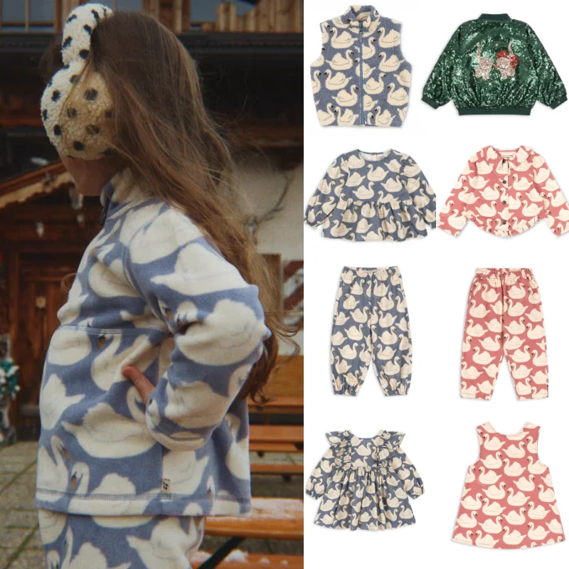 Kids Jacket Pant Set Fall Winter 2026 New Cute Fashion Swan Girls Long Sleeve Dress Cotton Thickened Warm Windproof Girls Vest