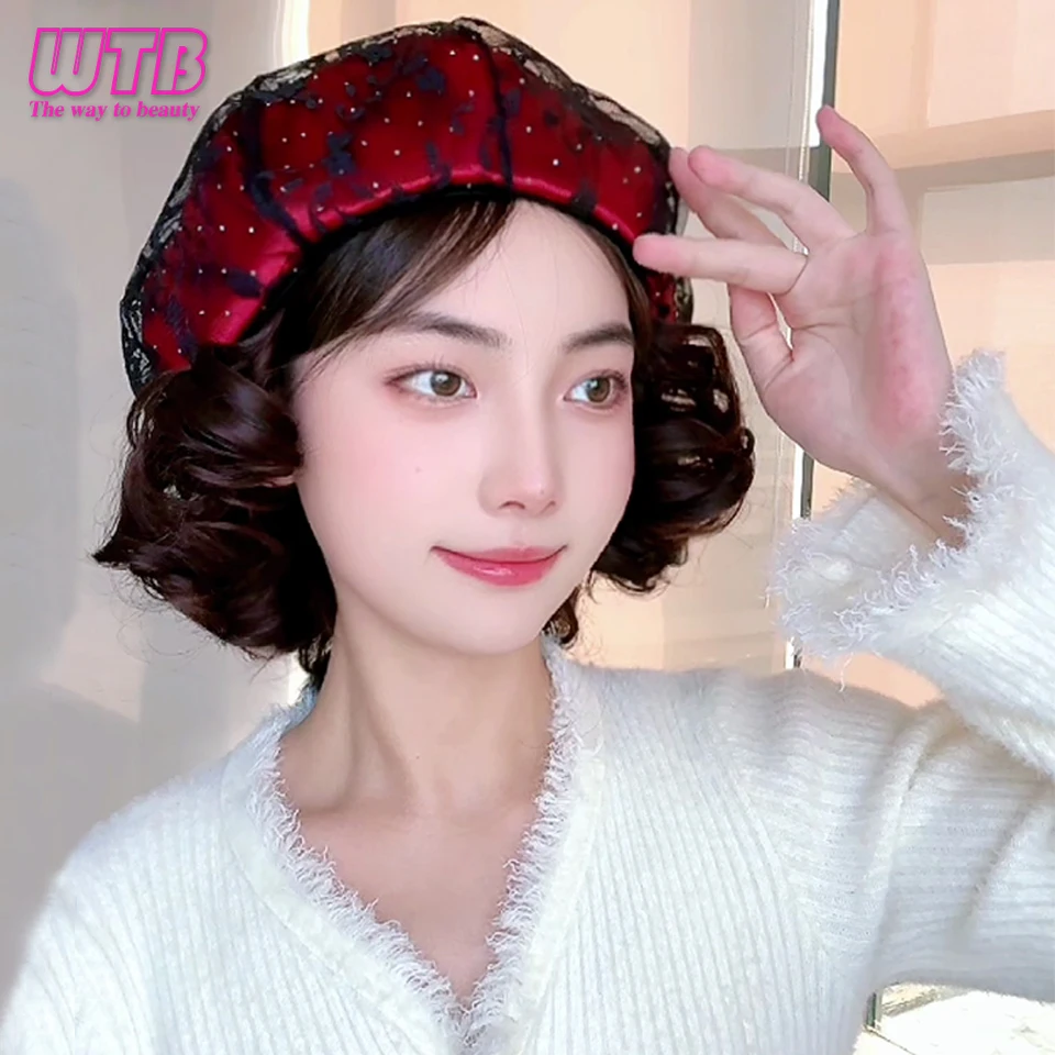 WTB Synthetic Hat Wig Female Lace Short Curly Hair Beret One-piece Fashion Octagonal Wig Hat For women