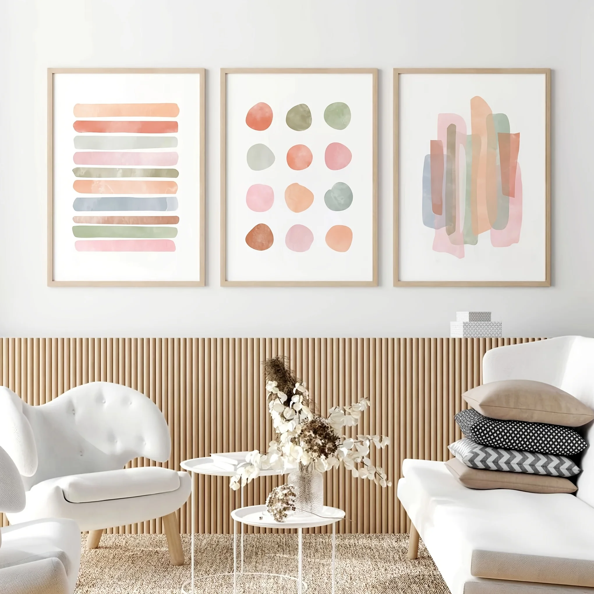 3pcs/set Beige and Polka Dot Stripes Pastel Canvas Printing Minimalist Lines Nursery Wall Art Posters for Modern Home Decor Gift