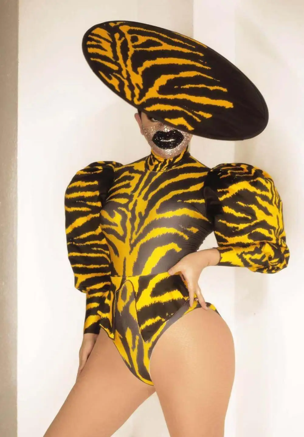 

Zebra Pattern Tuxedo Bodysuit Cap Prom Party Bar Stage Dance Cosplay Club Outfit Women Dancer Singer Show Wear