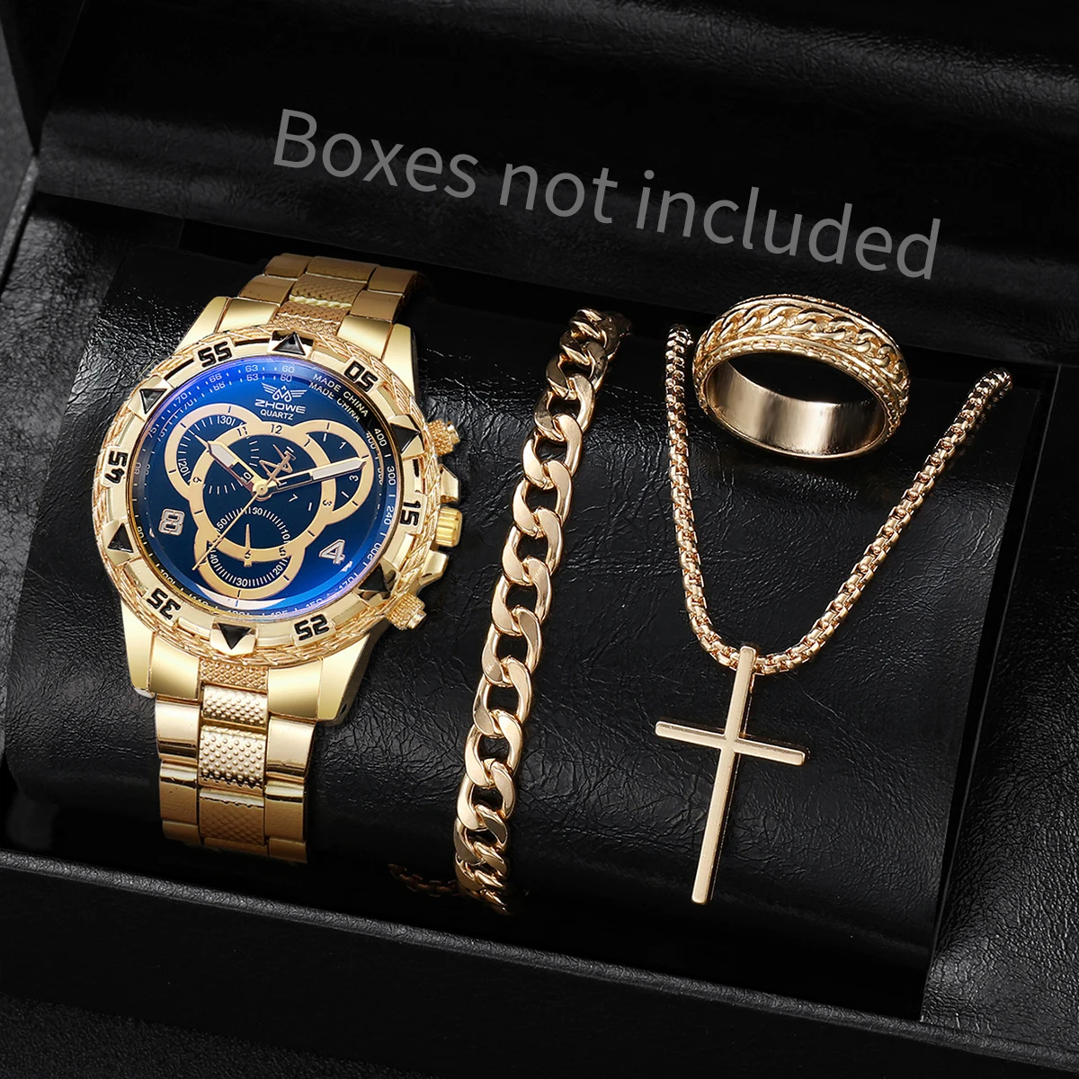 4 ピース/セット高級メンズビジネス腕時計ファッションラージダイヤルクォーツ腕時計ジュエリーセットリロイ Hombre (箱なし)