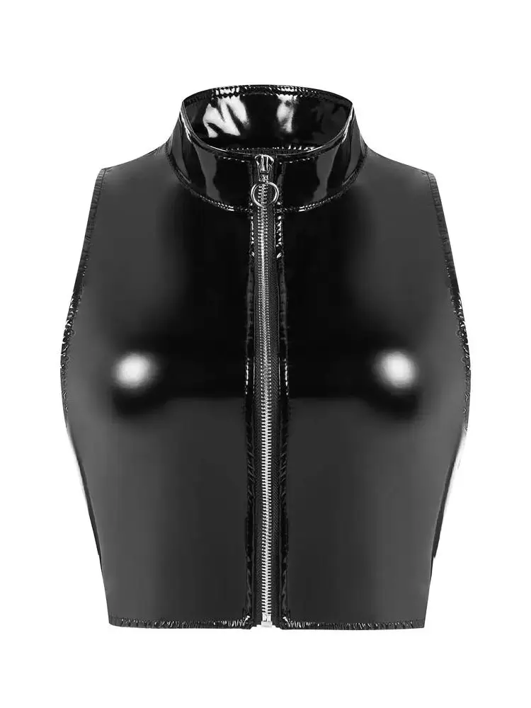 S-3XL Wet Look PVC Bustier Tank Top Shiny PU Leather Crop Tops Sleeveless Zipper Vest Camis Tights Sexy Clubwear Croptop Cropped