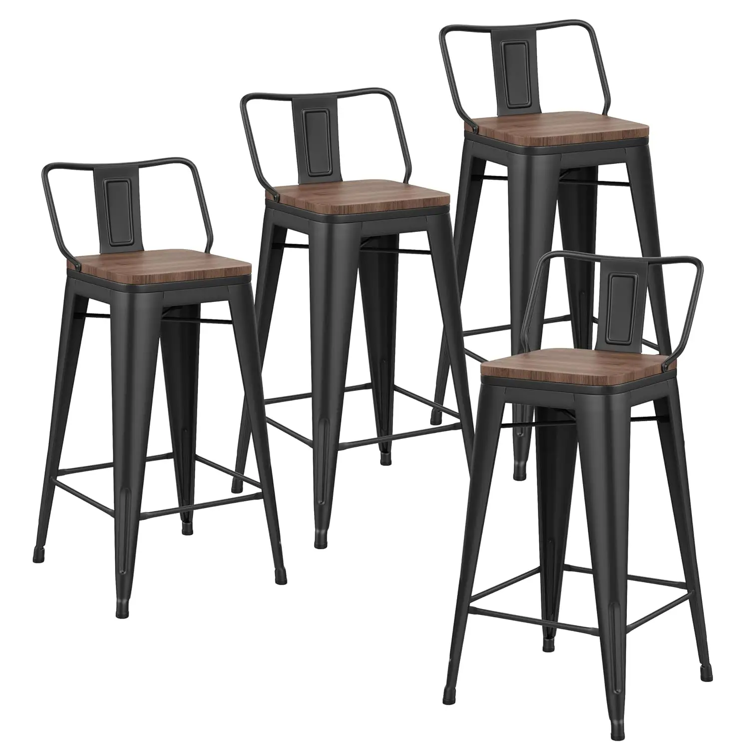 Low Back Metal Bar Stools With Wood Top For Kitchen Counter Height, Set Of 4, Customized