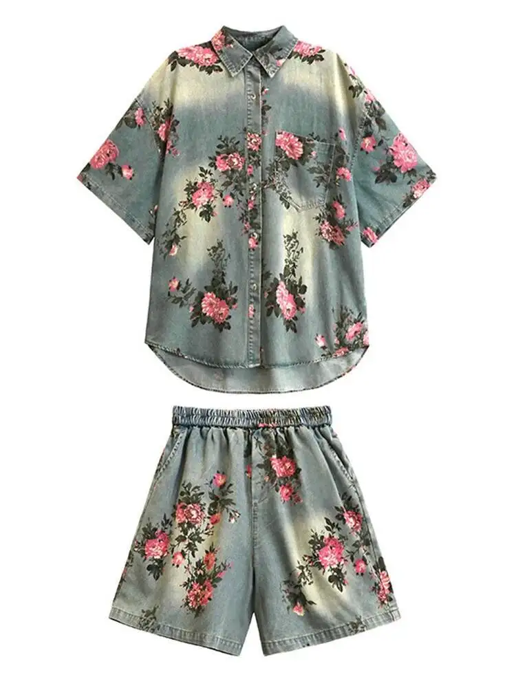 [EAM] Blue Denim Shirt Wide Leg Shorts Two Piece Suit New Lapel Short Sleeve Women Fashion Tide Spring Summer 2025 1DH6138