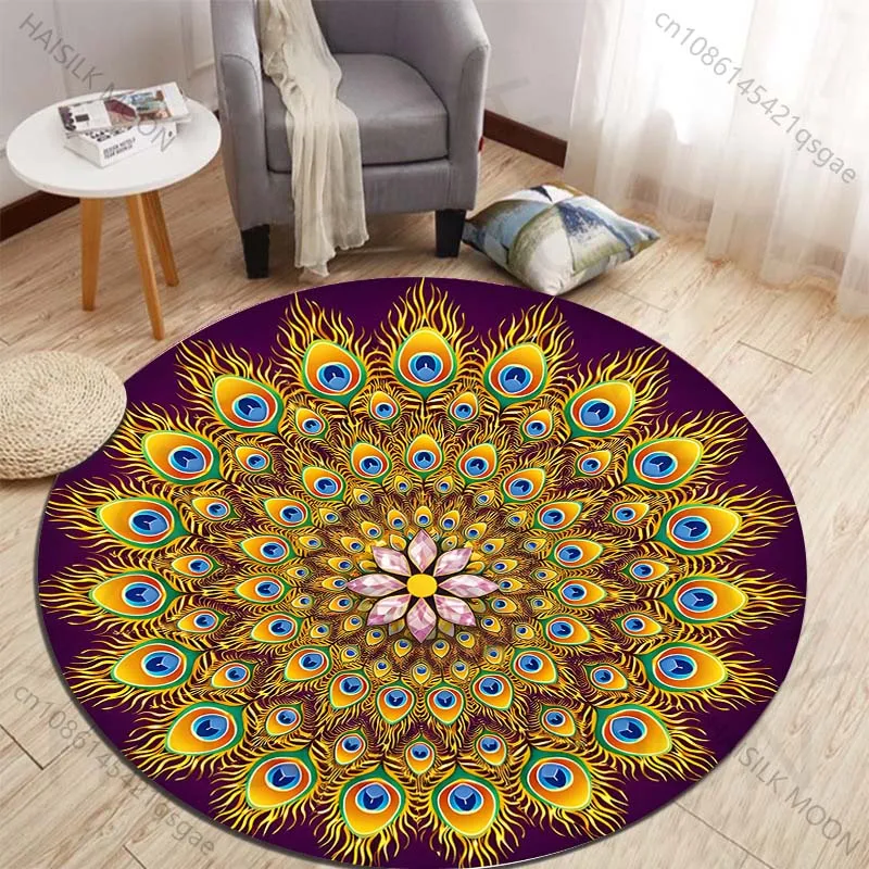 Vibrant Peacock Feather Printed round carpet living room sofa table carpet large pet mat soft round carpet home decor