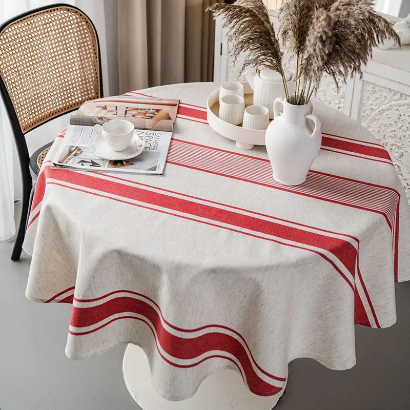 European Five-Stripe Printed Tablecloth Cotton and Linen Round Dustproof Table Cover Anti-Wear Dining Decor for Four Seasons