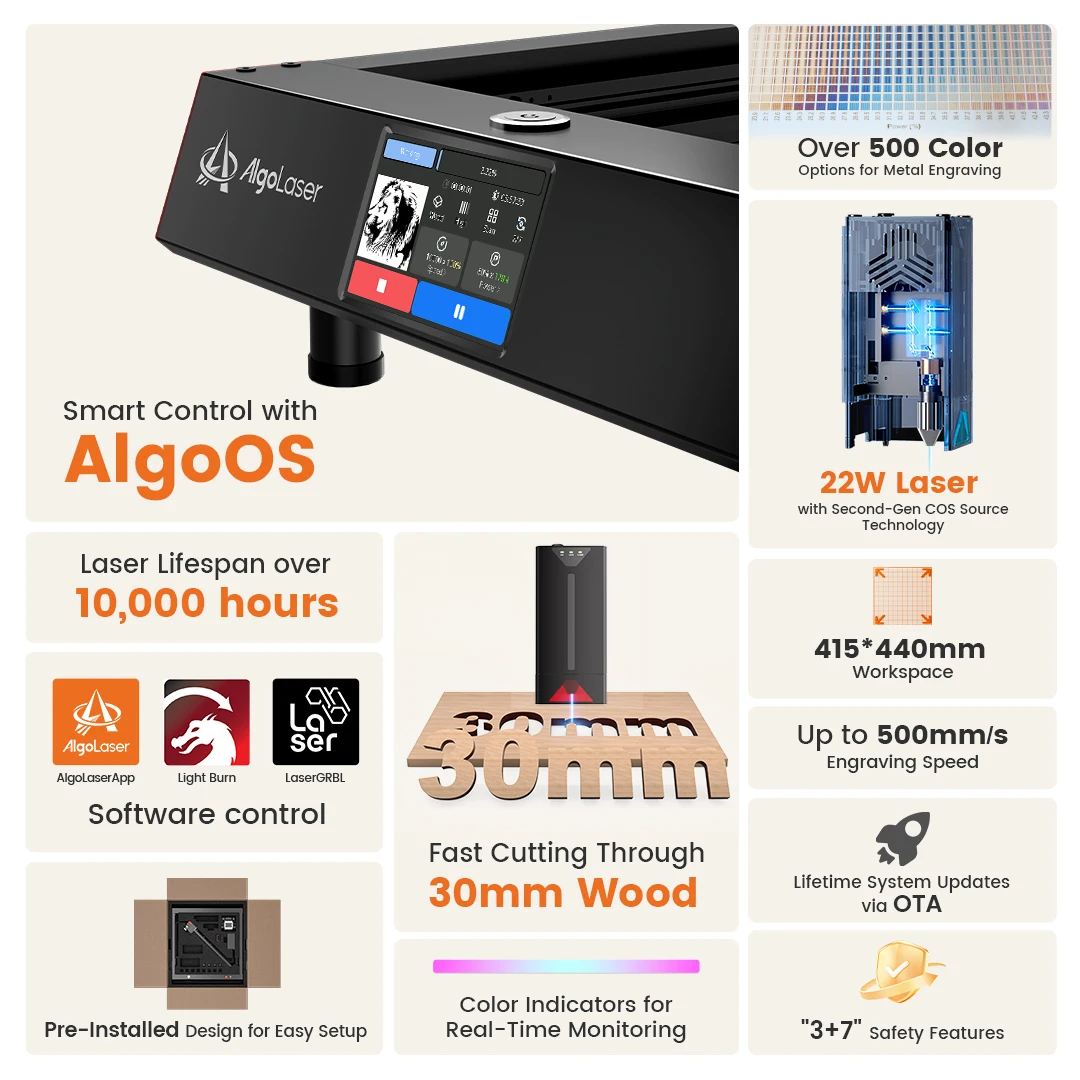 AlgoLaser Delta 22W Laser Engraver and Cutter Cut 0.05mm Metal and Engrave Hundreds of Colors On Metal Steel 3.5\