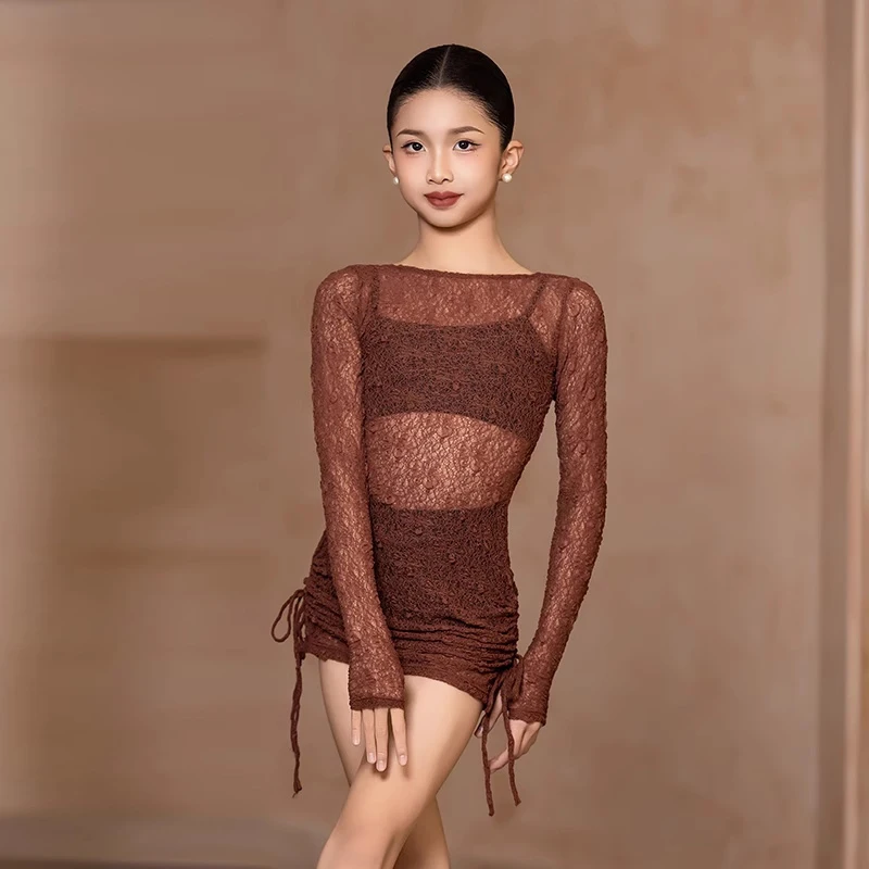 

2025 New Latin Dance Dress For Girls Dancing Training Wear Rumba Samba Stage Performance Mesh Dresses Line Dance Costume VBH1319