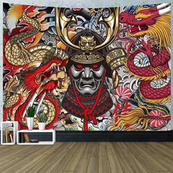 Japanese Anime Samurai Tapestry, Cool Dragon Tapestry Wall Hanging for Men Boys Bedroom, Black Red Vintage Asian Japan