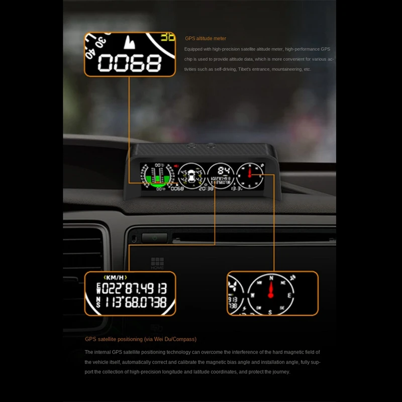 X91 3In1 GPS TPMS HUD For All Vehicle Speed Slope Meter Inclinometer Car Compass Car HD Head Up Display