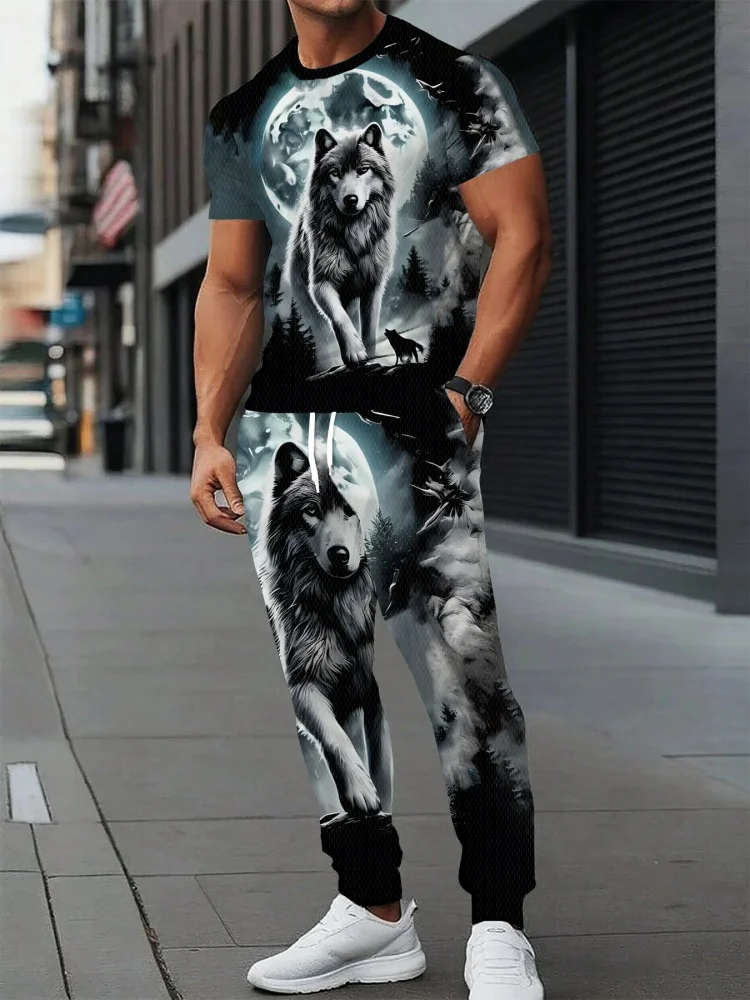 2026 New Wolf Print Men's T-shirt Set Outdoor Street Sports Fitness Short-sleeved Shirt Casual And Fashionable Long Pants