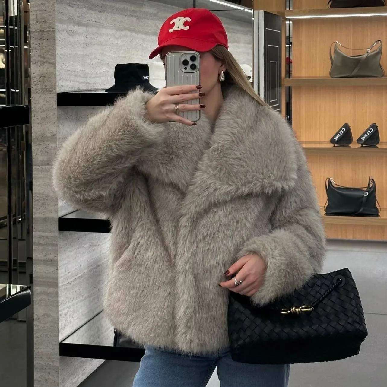 2024 Autumn Winter Women Casual Faux Fur Jackets Fashion Streetwear Solid Oversized Turn Down Collar Elegant Thick Coats