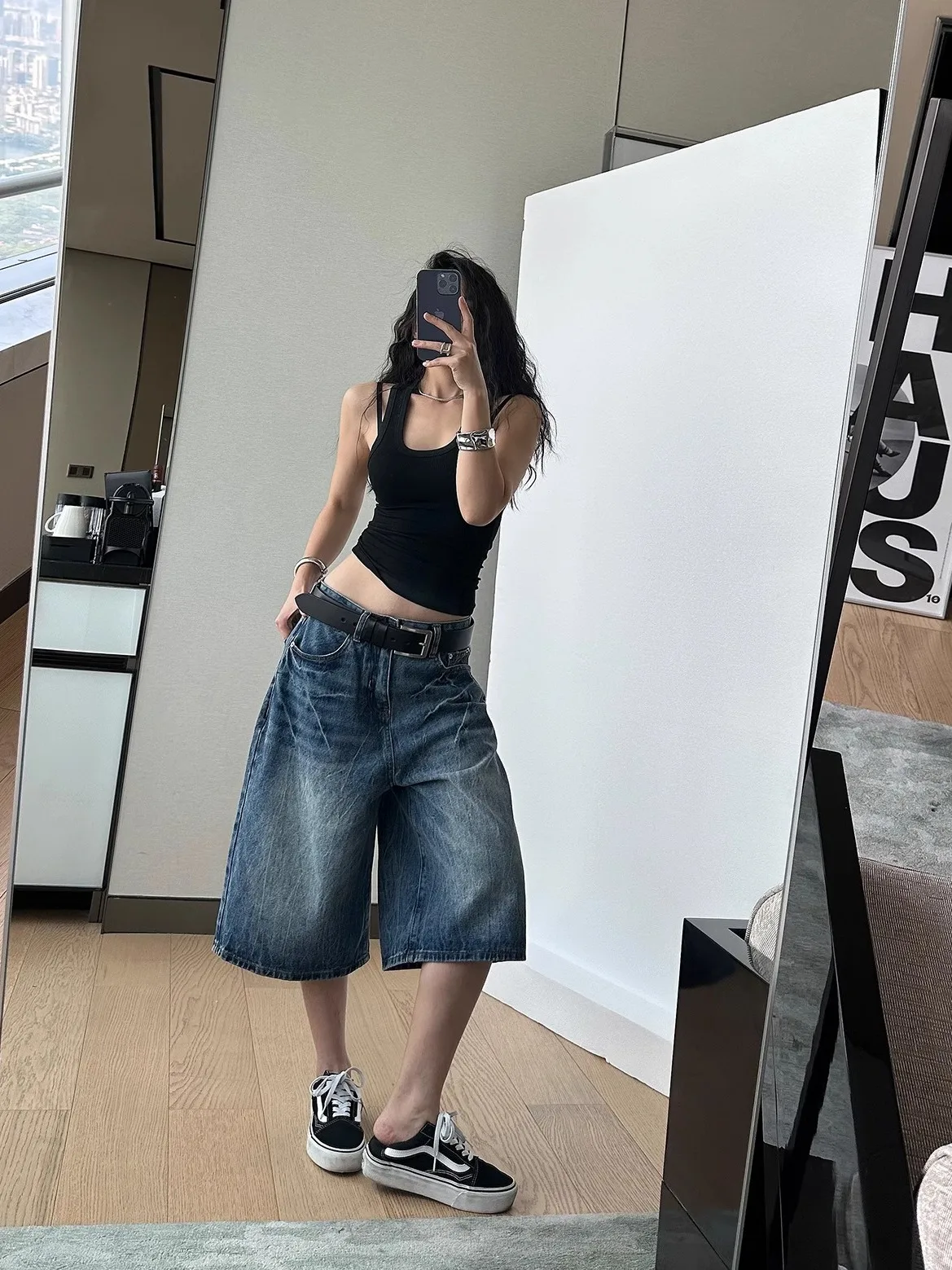 

Широкие джинсы с рисунком молнии в американском стиле, женские летние свободные джинсовые брюки больших размеров с выцветшими джинсами, джинсы с высокой талией на семь футов