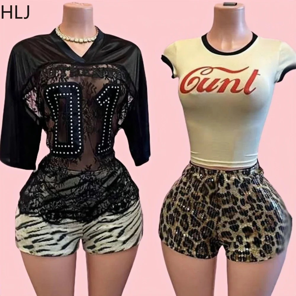 

HLJ&GG American Vintage Y2K Tshirts Two Piece Sets Women V Neck Slim Top + Sequin Leopard Shorts Outfits Fashion Streetwear 2025