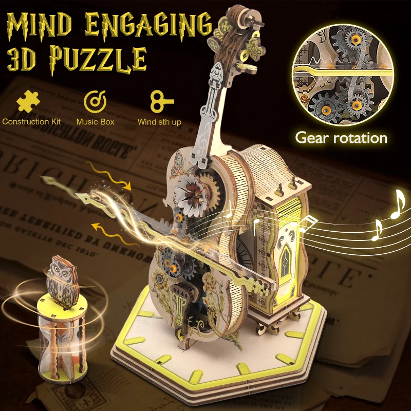 

3D Wooden Puzzle Magic Cello Music Box Toy Gift，Moveable Stem， Interesting handmade Creative Toys，For Men Women Children Kids