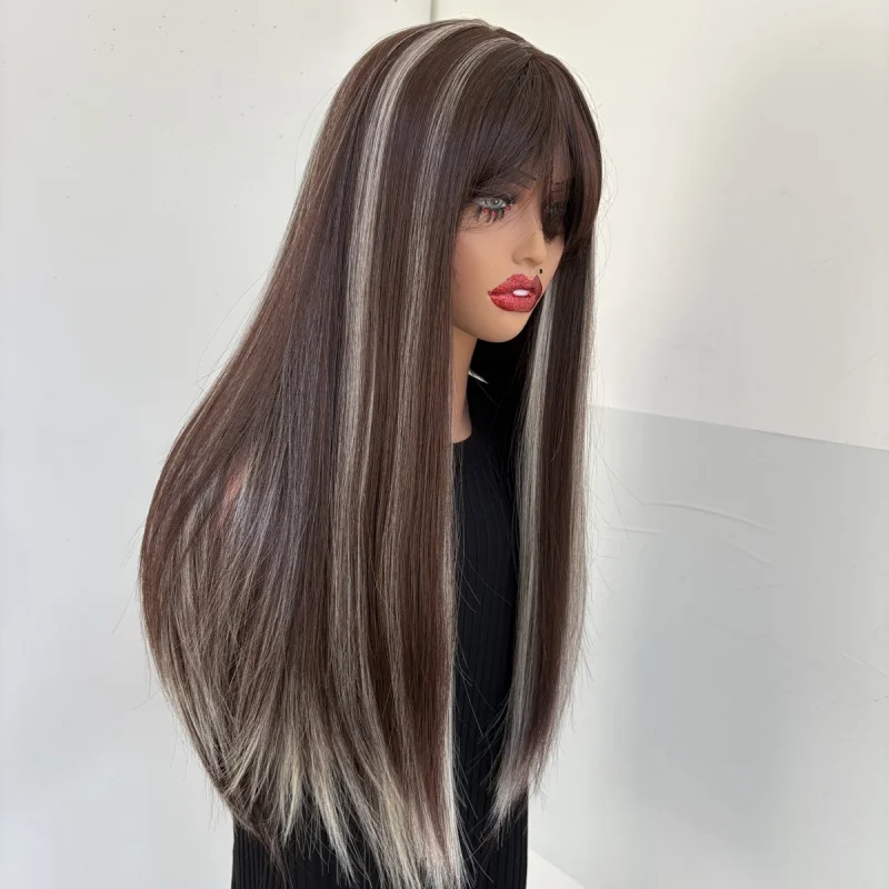 

Mixed Brown blonde Long Straight Cosplay Wigs With Bangs Synthetic Hair
