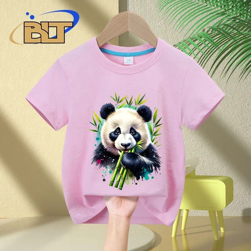 Camiseta con estampado de Panda munching de bambú para niños, tops casuales de manga corta de algodón para niños y niñas, acuarela, Verano