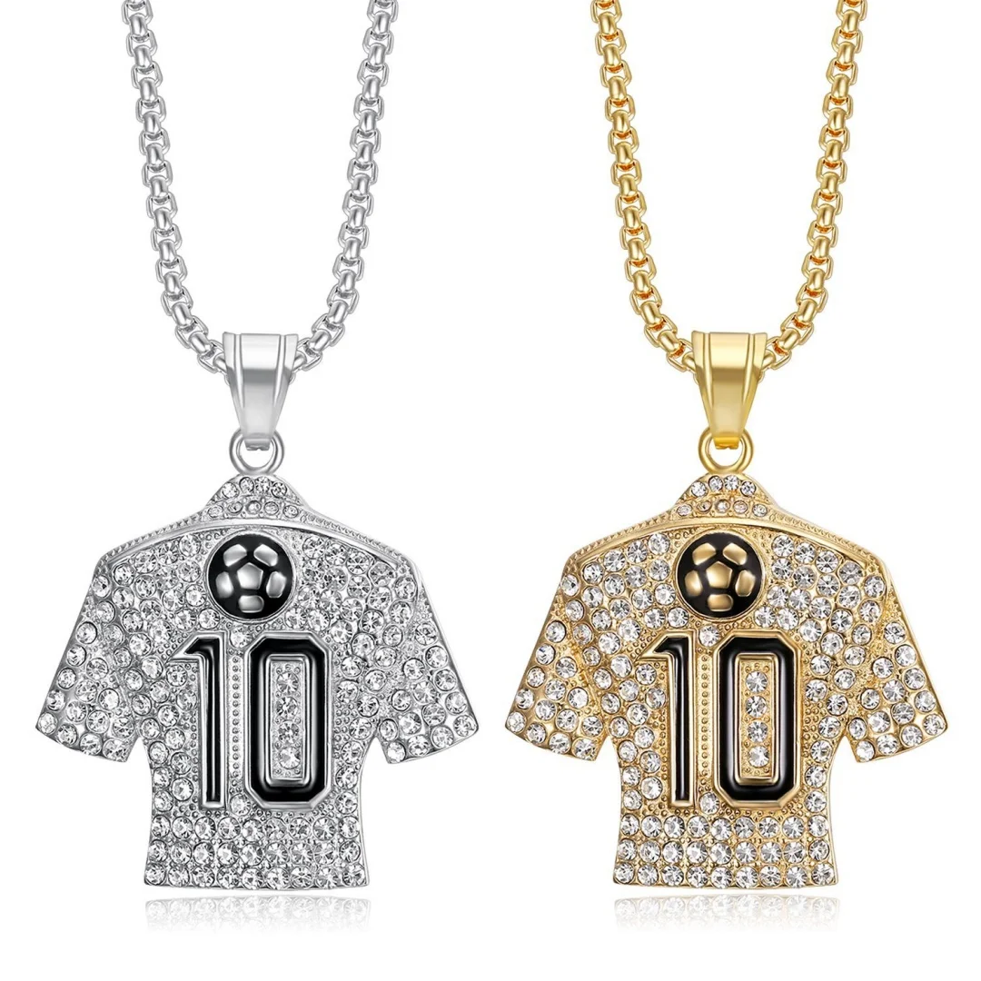 

Hip Hop Iced Out Bling Football Jersey 10 Pendant Stainless Steel Cubic Zirconia Fans Sports Necklace for Women Men Jewelry Gift