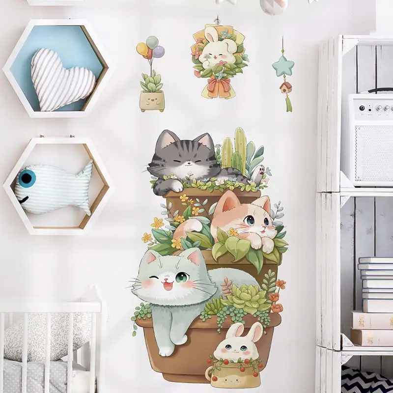 

Cartoon Cute Cat Potted Rabbit Animal Wall Sticker Kids Room Decoration Mural Home Wallpaper Nursery Decor Decalsl S146