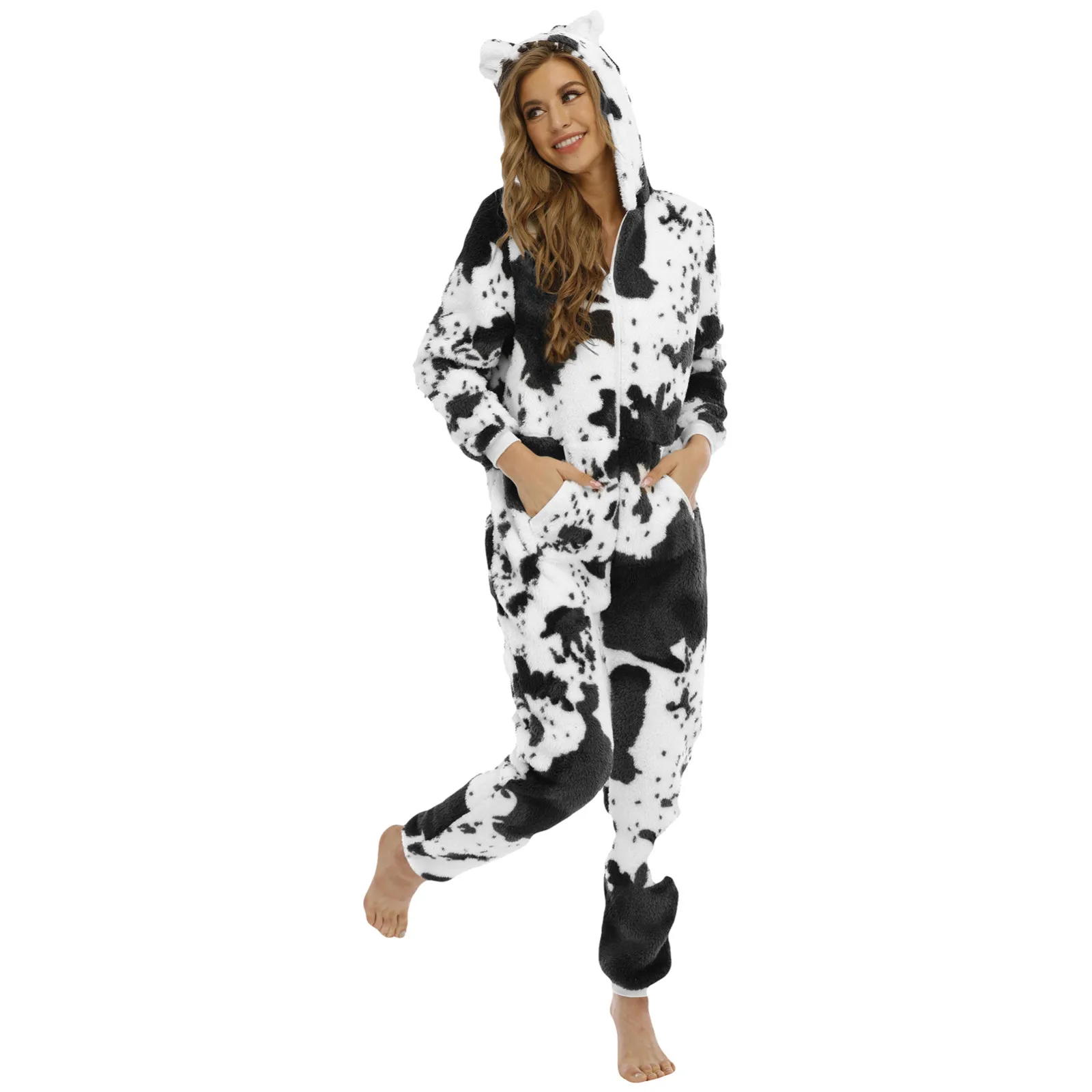 Pyjama Onesie à Capuche pour Femme, Combinaison Imprimée, Fermeture Éclair, Optique Confortable, Chemise de Nuit, Imprimé Mlik, Vêtements de Nuit Mignons