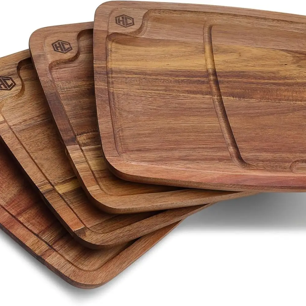 

Набор деревянных тарелок для стейка Bistecca из 4 предметов с каналами для сока для мяса, штабелируемый дизайн с прямыми краями и полностью плоский B