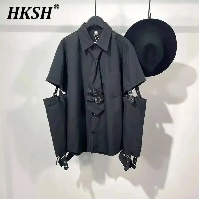 

HKSH Мужская темная одежда в стиле панк High Street Nihce Дизайнерские рубашки со съемным галстуком Повседневные топы Лето-весна Шикарная блузка HK0006
