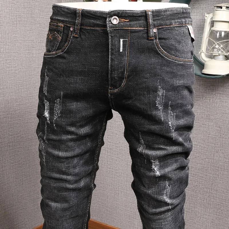 Fashion Designer Men Jeans Retro Black Gray Elastic Stretch Slim Ripped Jeans Men Distressed Hole Trousers Vintage Denim Pants