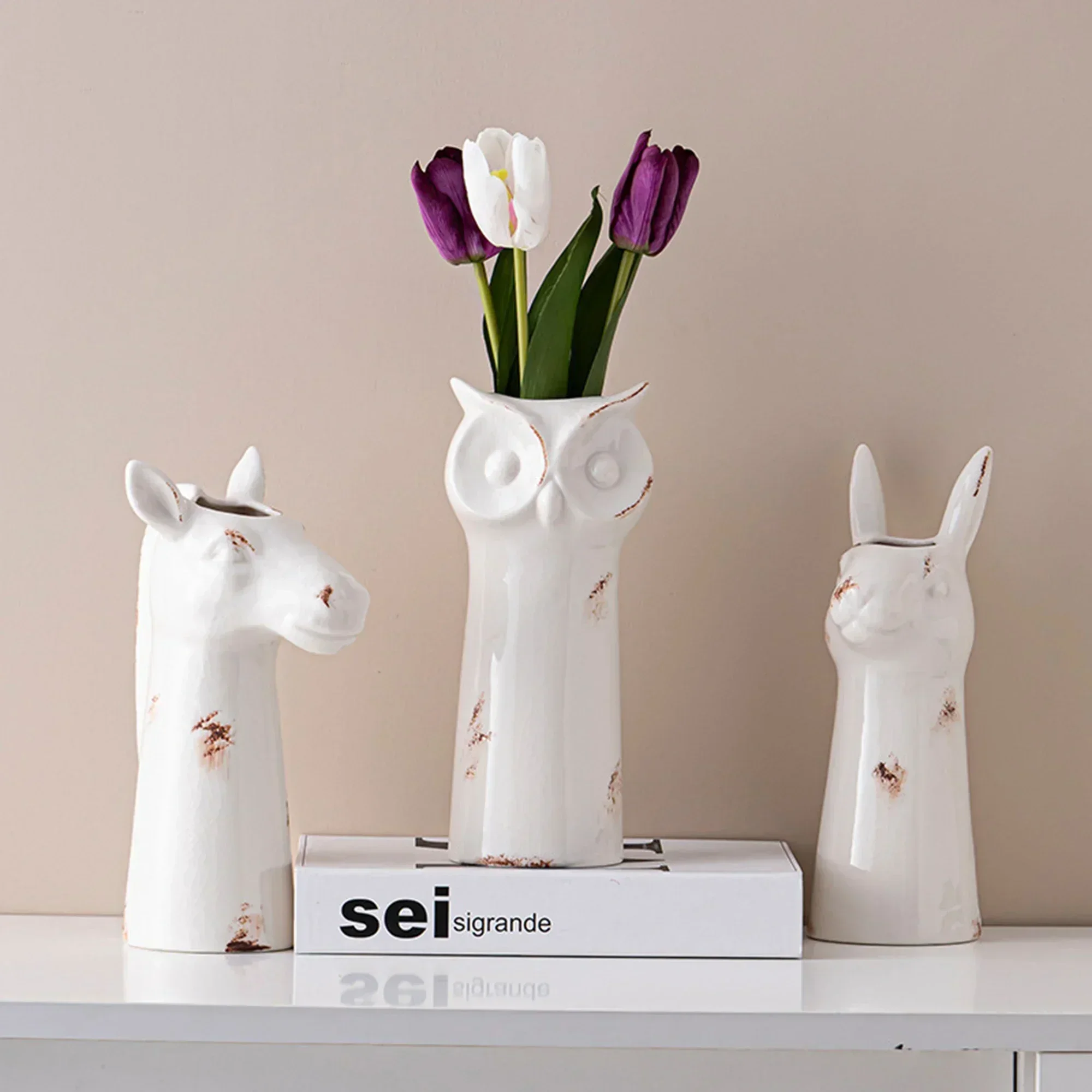 Animal Head Vase With Ice Crack Effect Archaized White Flower Container Simple Home Decoration Ornament