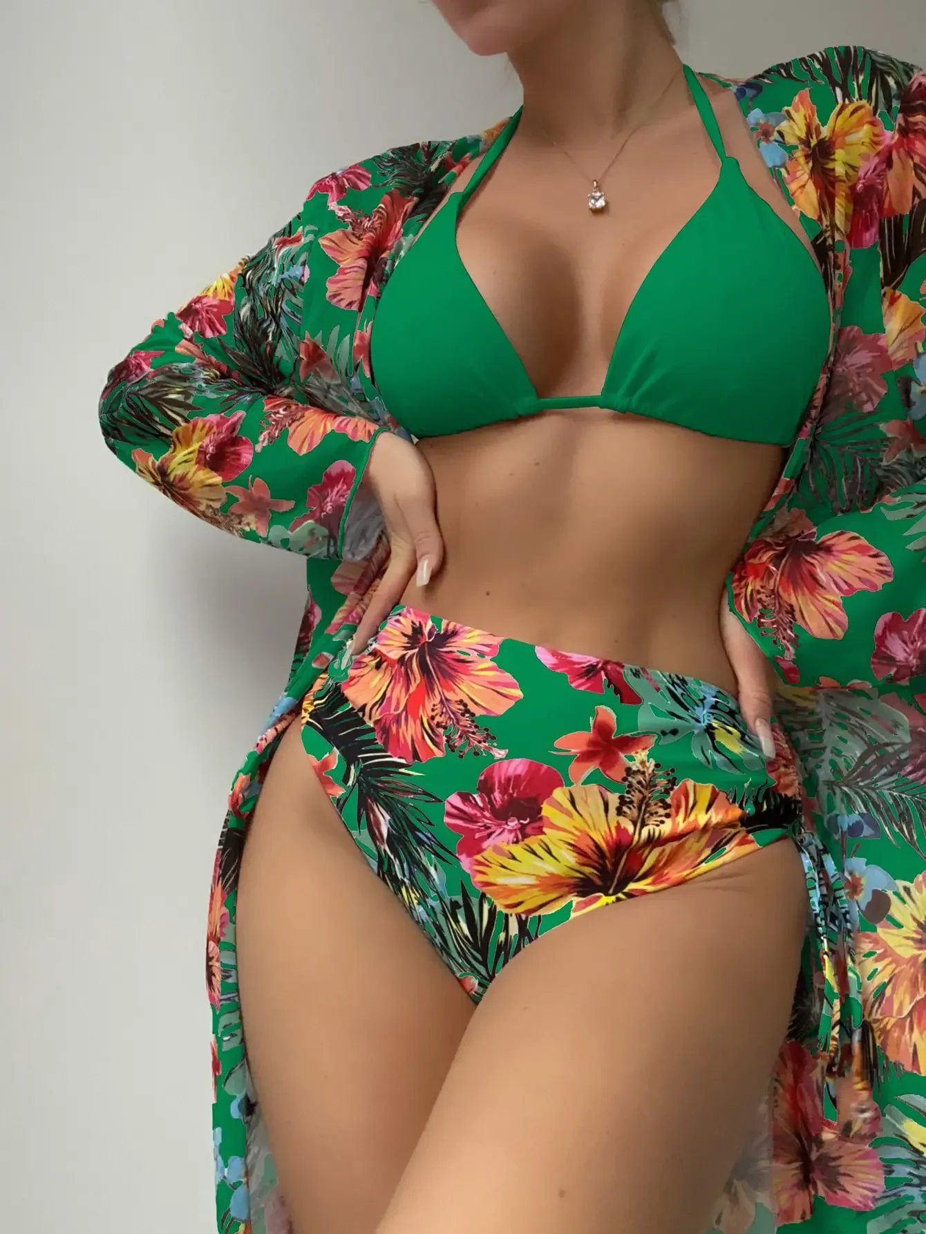 Halter triângulo biquíni 2024 maiô feminino com quimono cintura alta banho feminino banhistas maiô beachwear