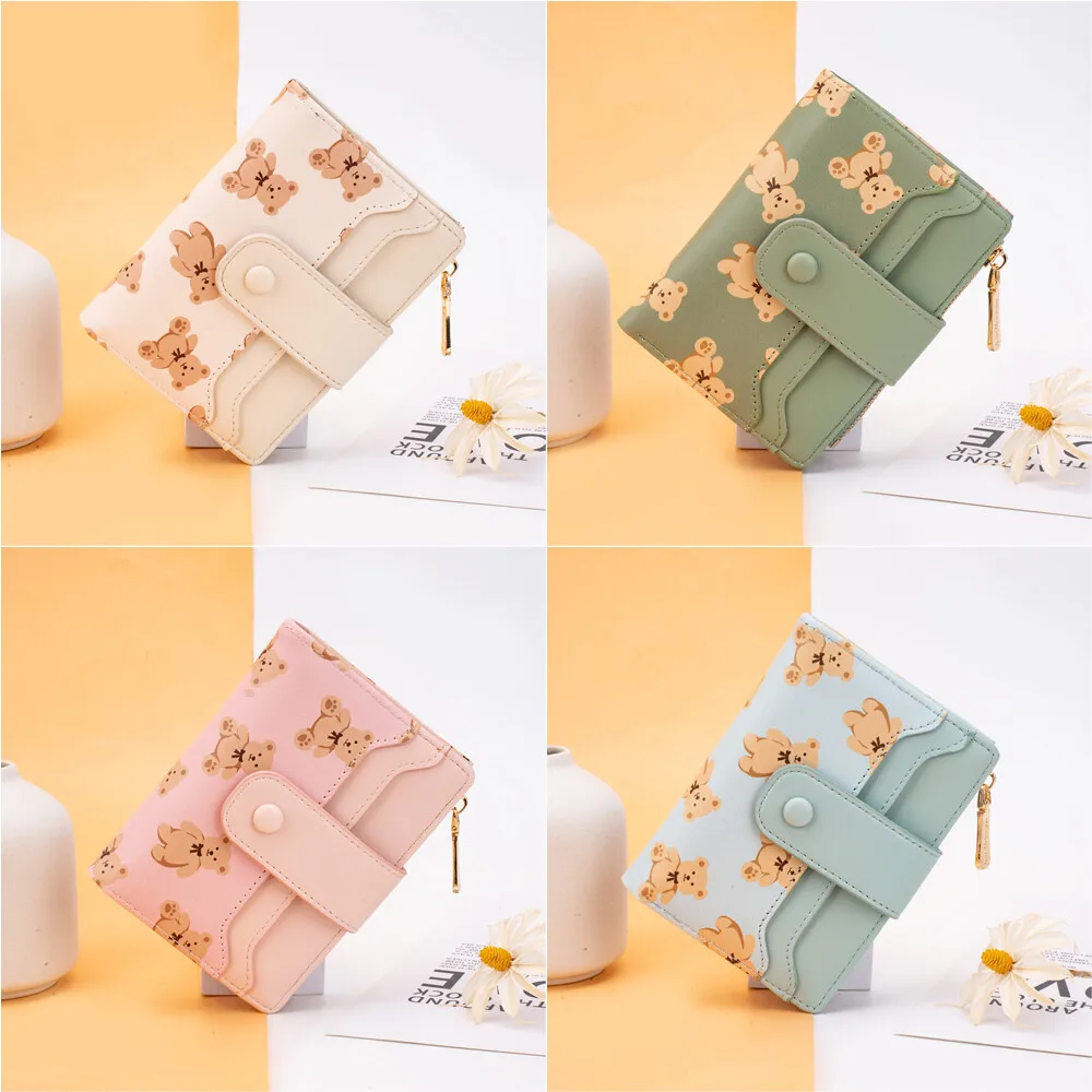 

Women Short Wallets PU Leather Female Bifold Purses Cute Bear Card Holder Wallet for Girl Small Zipper Wallet with Coin Purse