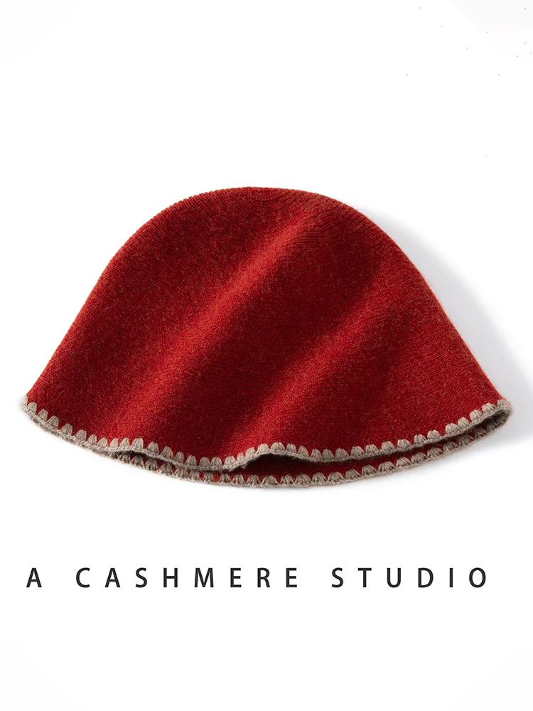 

Women 100% Cashmere Bucket Hat Hand-Crocheted Brim Autumn Winter Casual Style Soft Warm Cashmere Knitted Hat Luxury High Quality