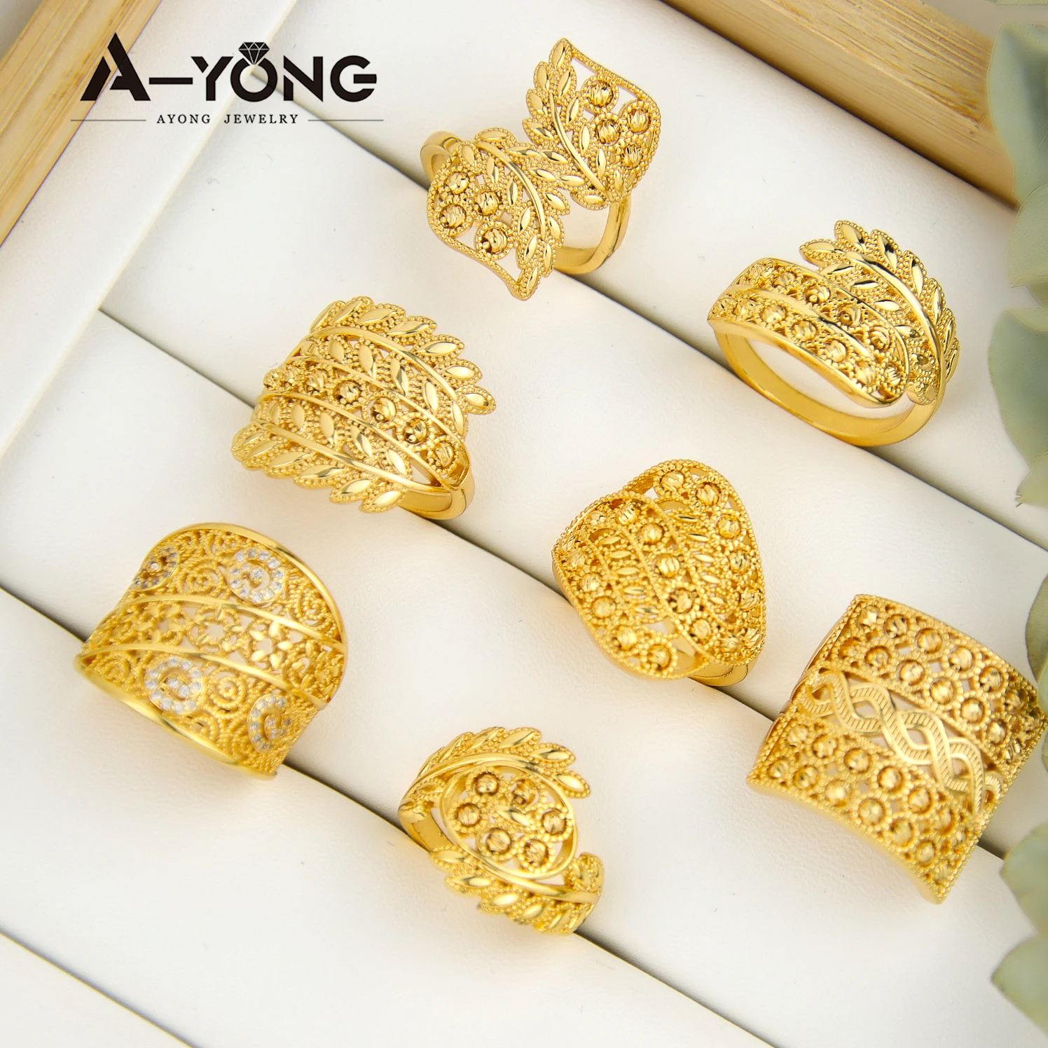 Luxury Dubai Wedding Gold Color Rings 21k Gold Plated Cocktail Ring for Saudi Arab Women Engagement Wedding Party Jewelry