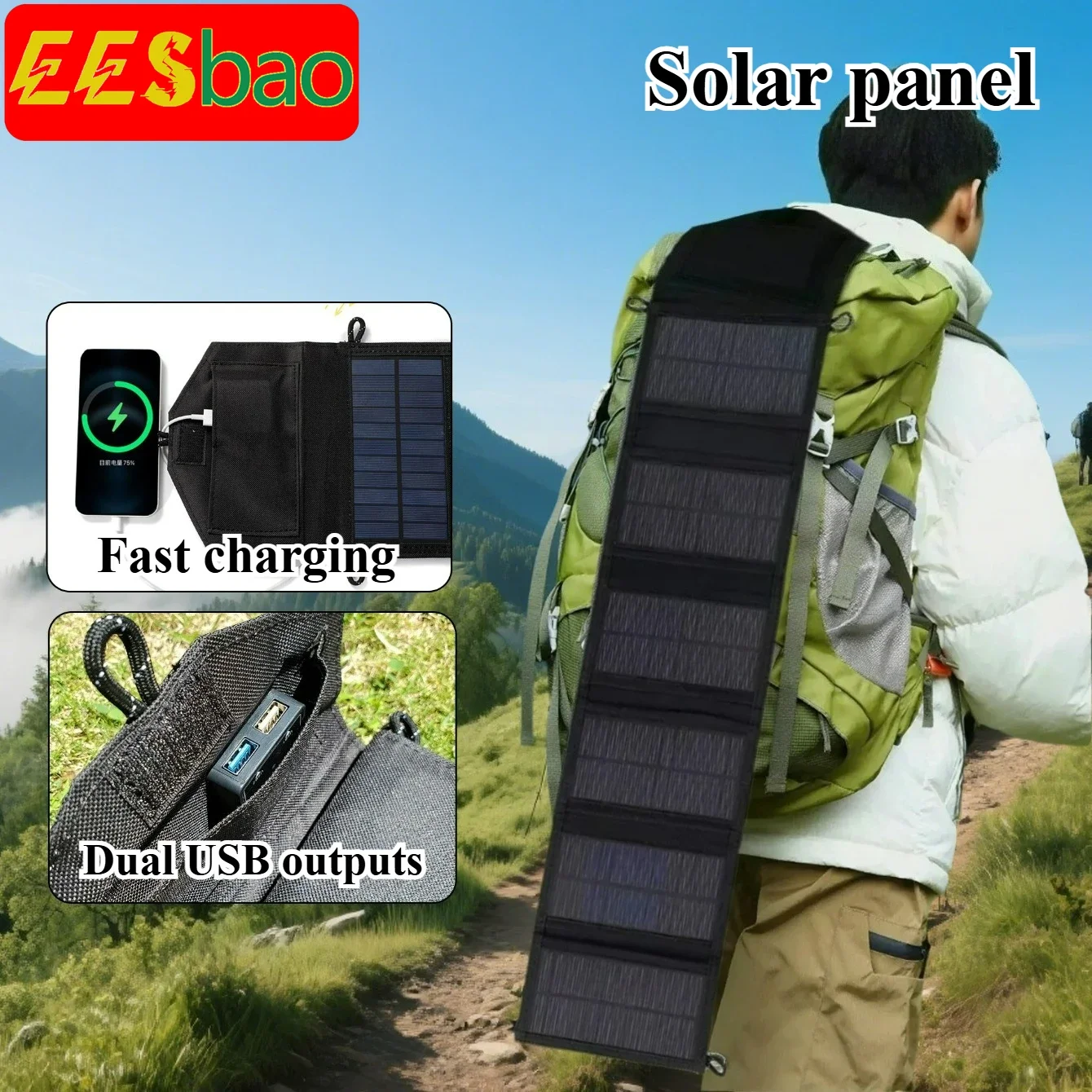 Portable Foldable Solar Charger with USB - C QC3.0 Fast Charging, IPX4 Waterproof for Camping, Hiking and Outdoor Emergency Use