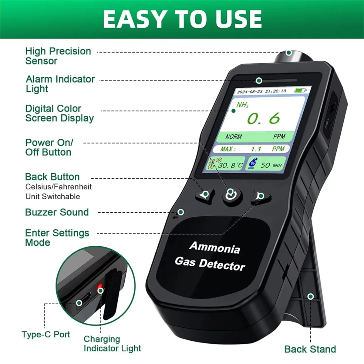 A002 Portable Ammonia Gas Detector,0-200 PPM Rechargeable Ammonia Gas Monitor,Digital Air Quality NH3 Gas Meter US Plug