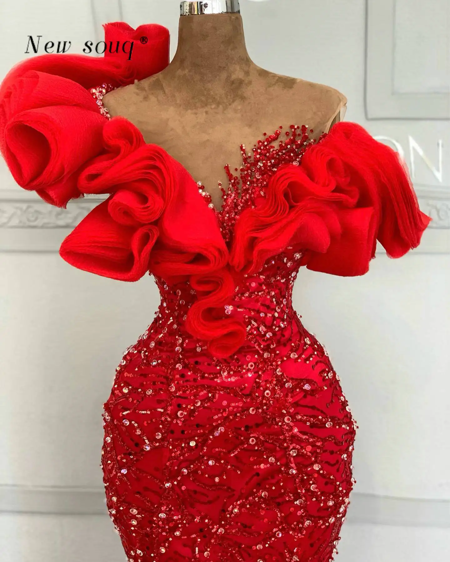 Arabic Red Sequins Mermaid Long Evening Dresses Ruffles Beaded Formal Prom Party Gowns for Women Weddings Custom Made Vestidos