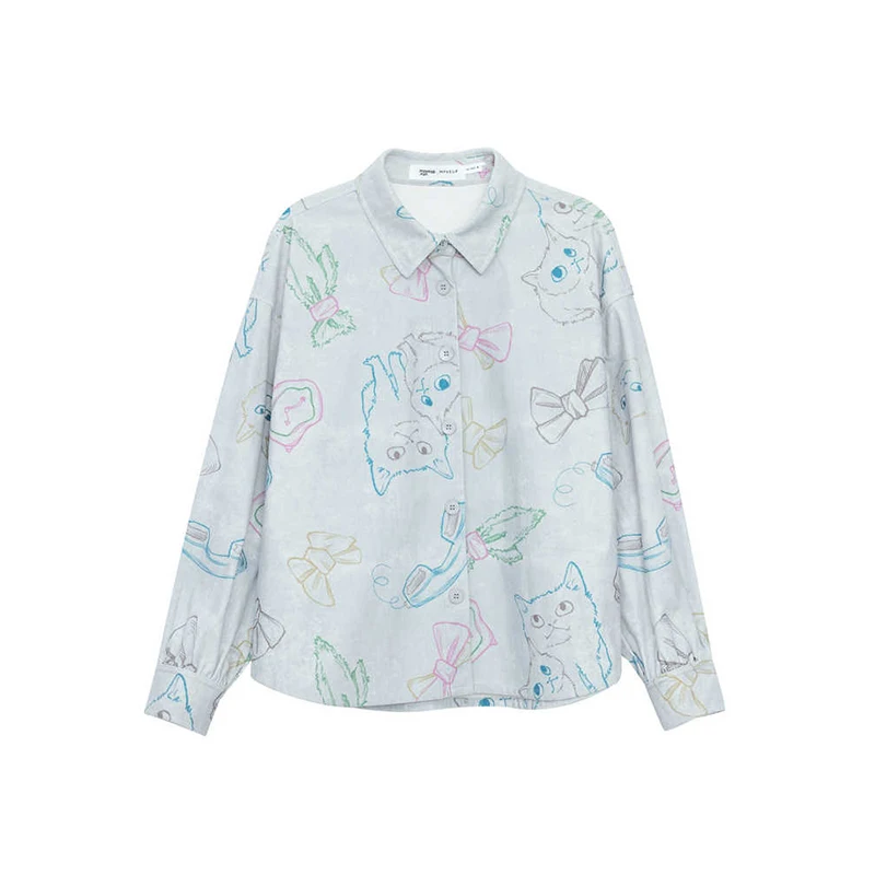 MOVEUP Women's Lapel Corduroy Shirts 2026 Autumn Line Art Cartoon Print Long Sleeve Tops Loose Button Down Shirts 3ELQ10402