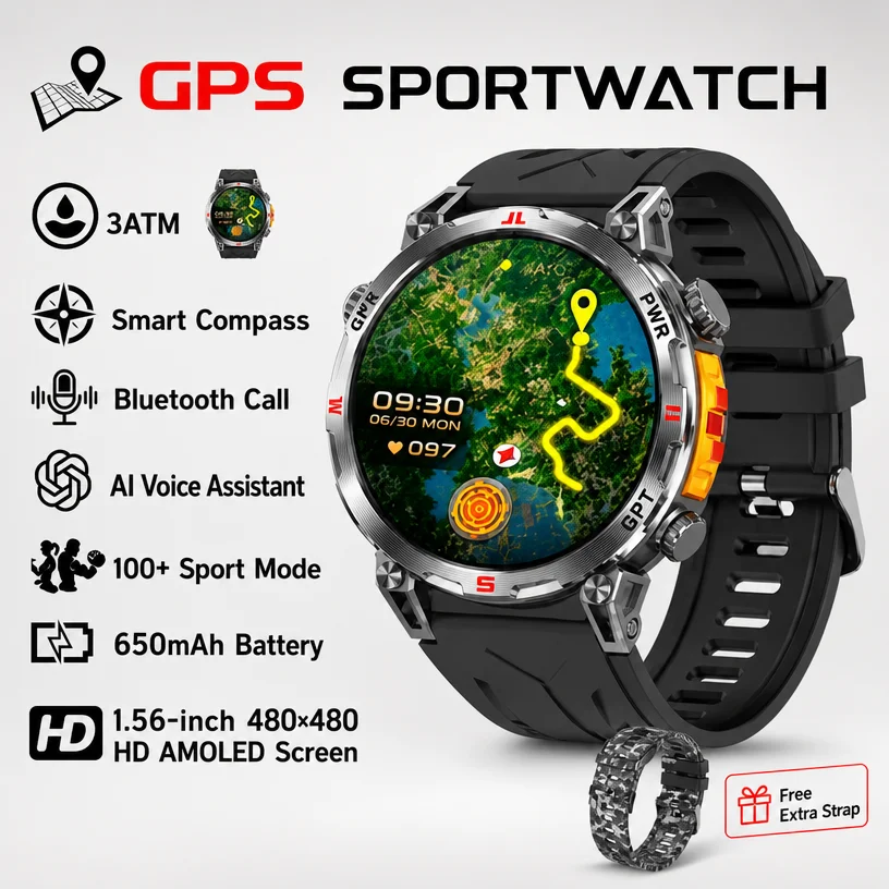 Reloj Inteligente Hombre Exterior Pantalla Tactil HD AMOLED 1.43 Pulgadas Posicionamiento GPS Real Llamada Inalambrica Linterna LED 100+