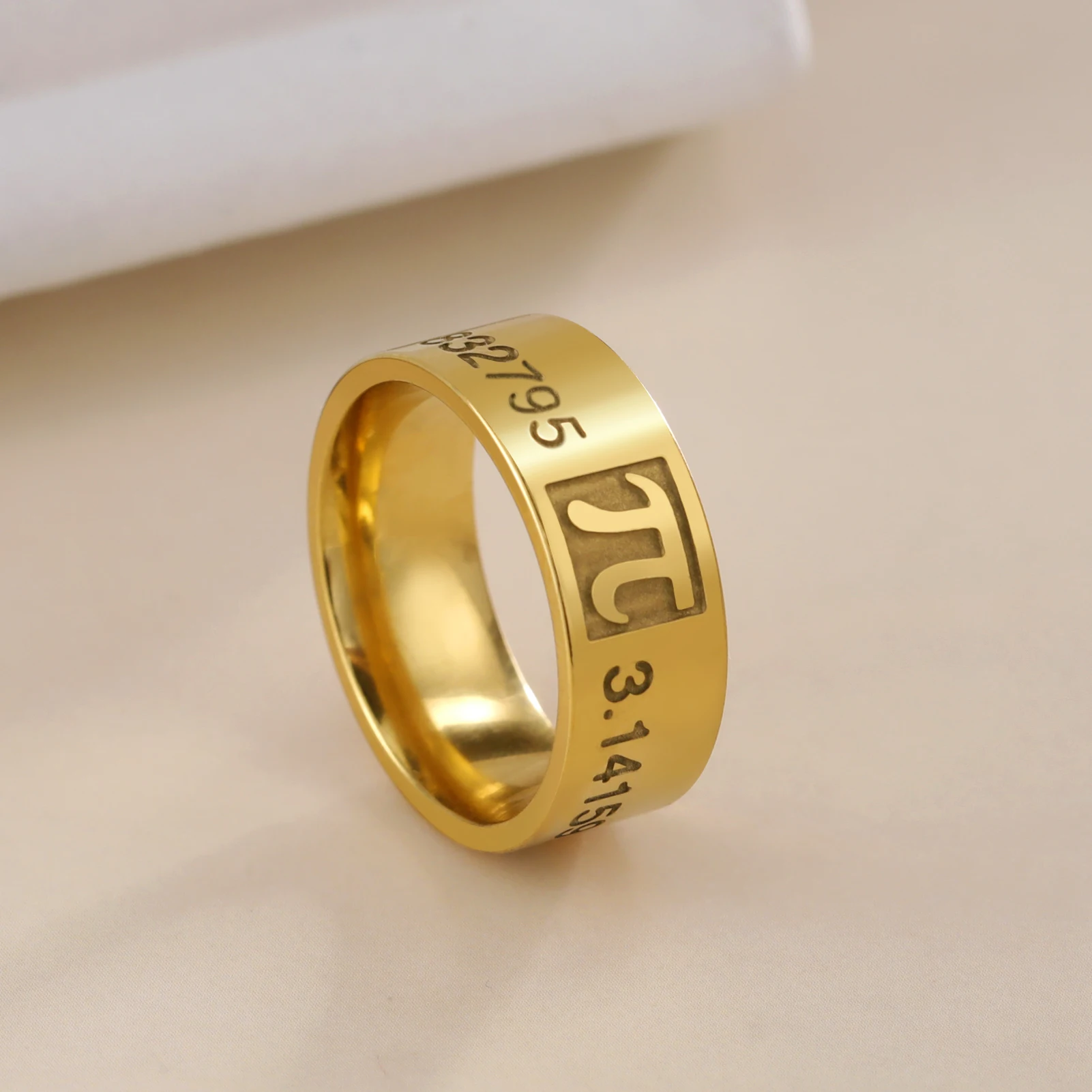 Skyrim Mathematics Pi Symbol Ring 8MM Wide Men Women 3.14159 Greek Letter π Stainless Steel Finger Rings Math Lovers Gift