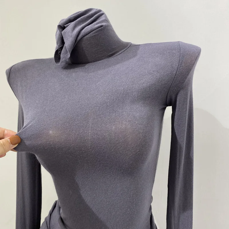 Dünnes, weiches amerikanisches Langarm-T-Shirt mit hohem gestapeltem Ausschnitt, enge Perspektive, Unterhemd für Damen, Slim-Fit-Tops, sexy Streetwear – Detail 13