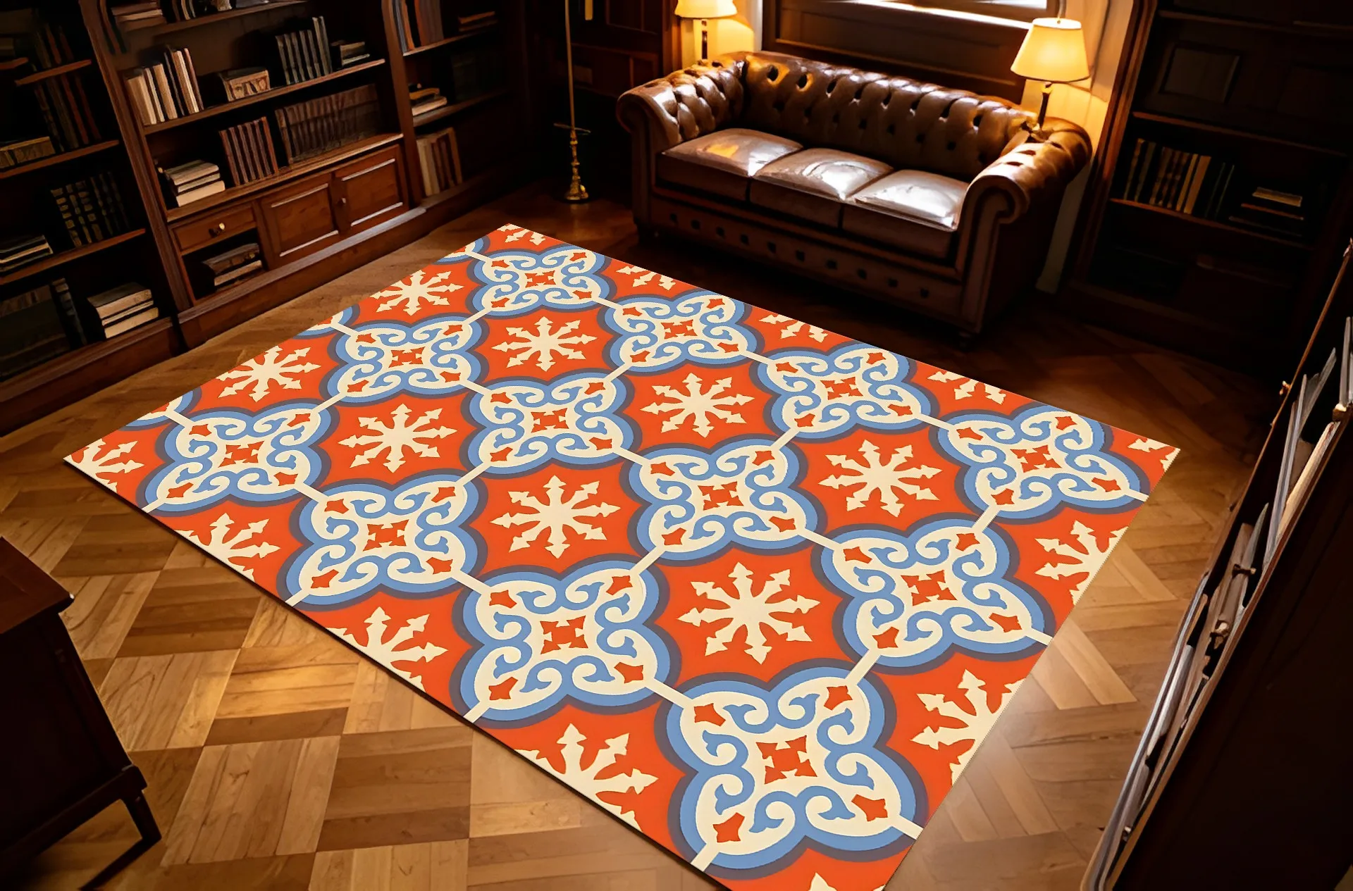 Orange and Blue Color-Blocked Snowflake-Patterned Vintage Ethnic-Style Christmas Velvet Rug, Suitable for Entryways, Living Rooms, and Bedrooms, Creating a Warm and Festive Winter Atmosphere