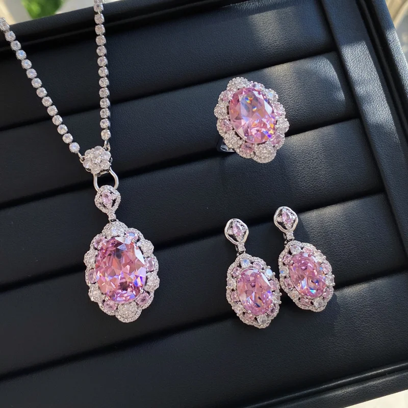 

High-end Luxury Pink Large Full Diamond Open Ring for Women Elegant Pendant Earrings Set