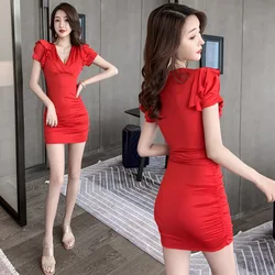 Fashion New Spring Summer Office Lady Deep V-Neck Short Sleeve Slim Dress Sexy Girl Wrap Hip Mini Skirt Woman Party Clothes Gift