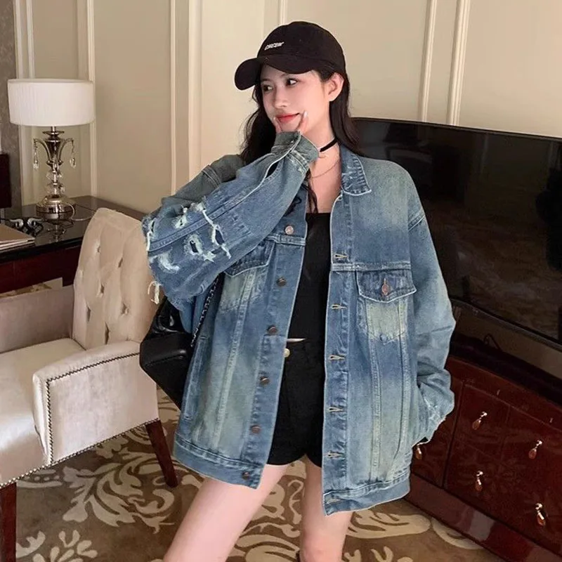 

Vintage Casual Denim Jacket Women's Outwear 2024 Spring Autumn New Fashion Loose Washed Ripped Cardigan Jeans Jackets Tops