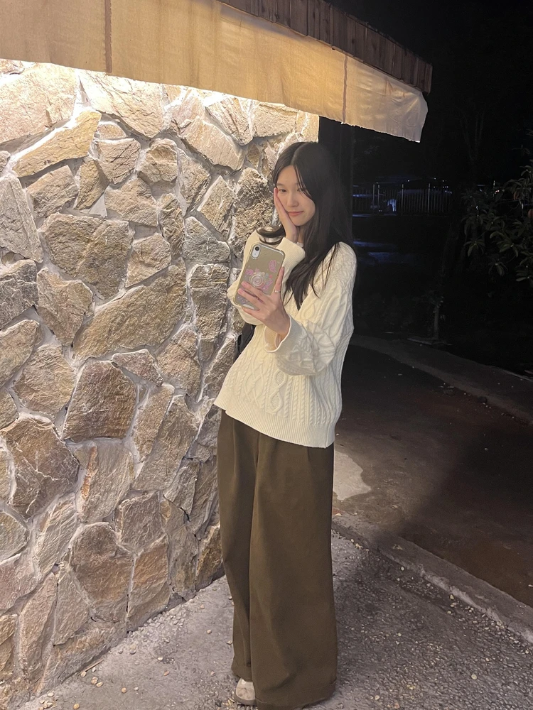 White Long Sve Knitted Sweater Women's Autumn Winter New Sle Outerwear Lazy Twist Sle Comfortable Loose Fit round Ne