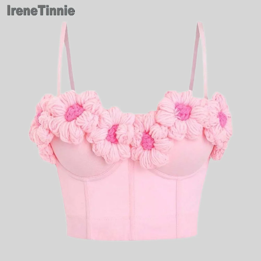 Irene Tinnie Elegant Knit Flower Tops Women Sexy Bustier Bra Wedding Party NightClub High Street Corset Cropped Top 2025 New