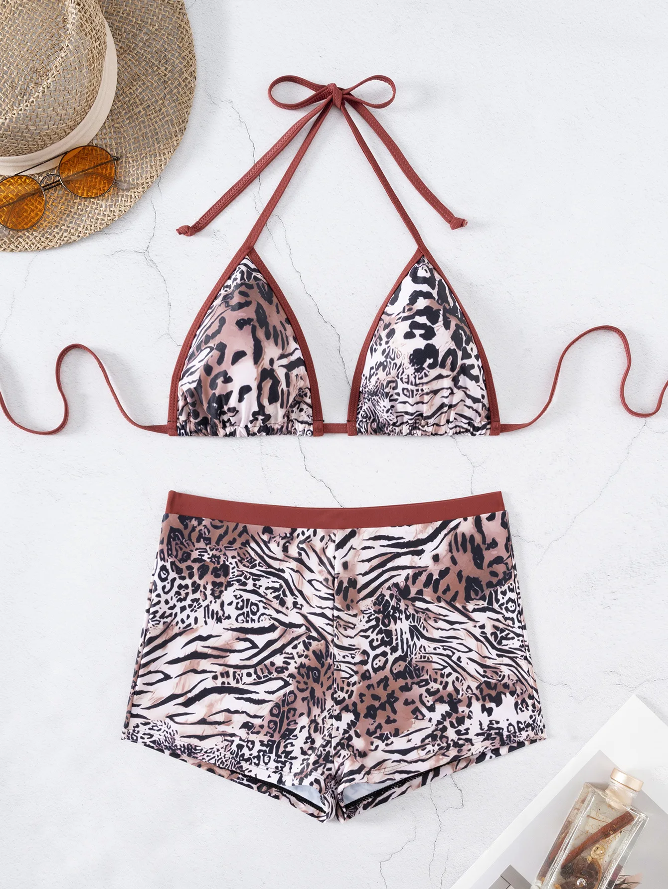 2025 Leopard Print Halter Bikini Set Color Block Design & Adjustable Ties Women's Sexy Swimwear Boyshort Bottom Shorts Sets Ropa