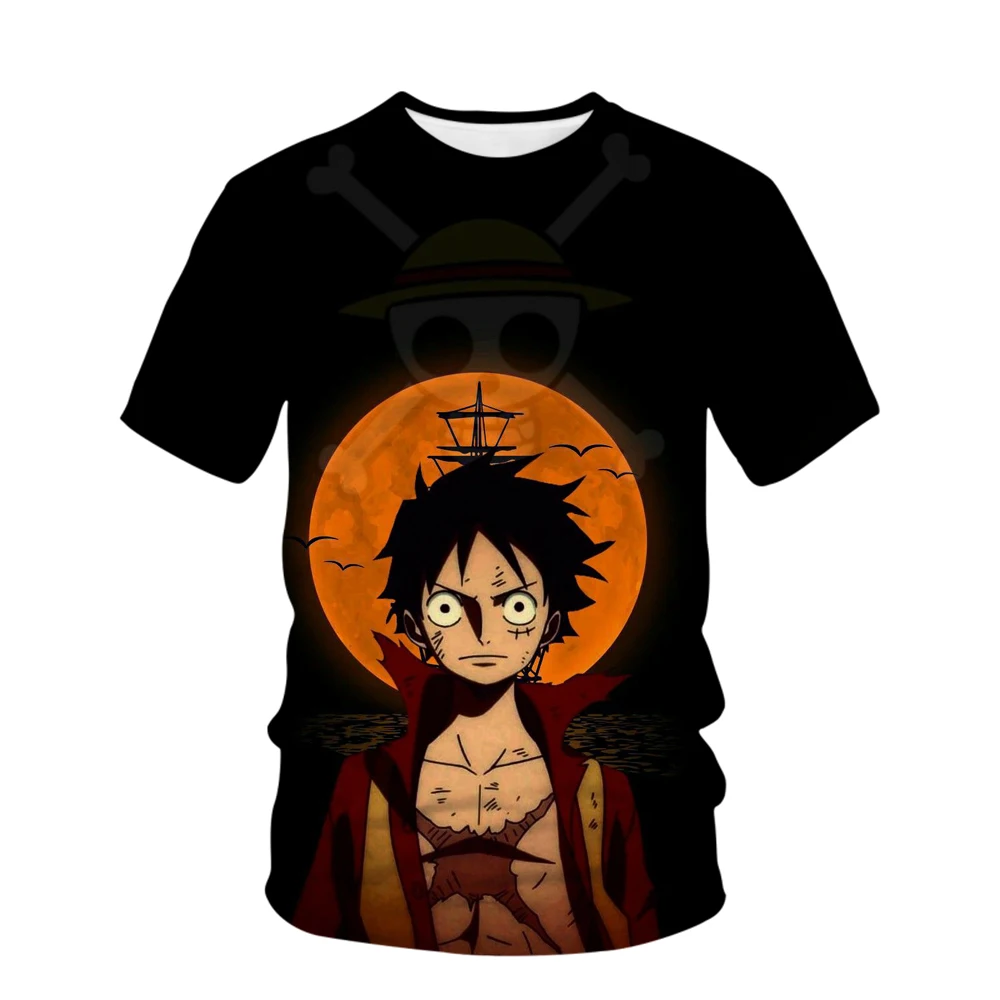 T-shirt infantil Luffy 3D estampada, blusa de meninos e meninas, manga curta, série One Piece, verão, 2024